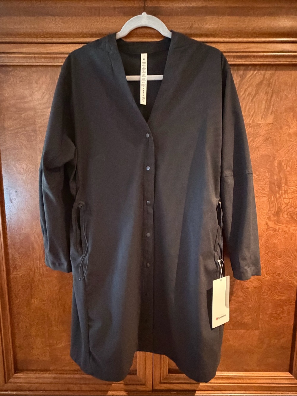 Lululemon Black Long Snap-Front Jacket with side adjustable ties